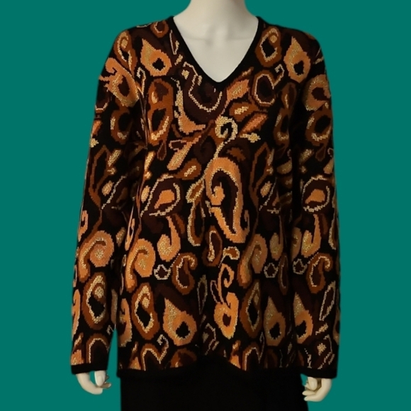 VTG ELEANOR P BRENNER 1980s New Wool Abstract Metallic V-Neck Sweater - Picture 1 of 8